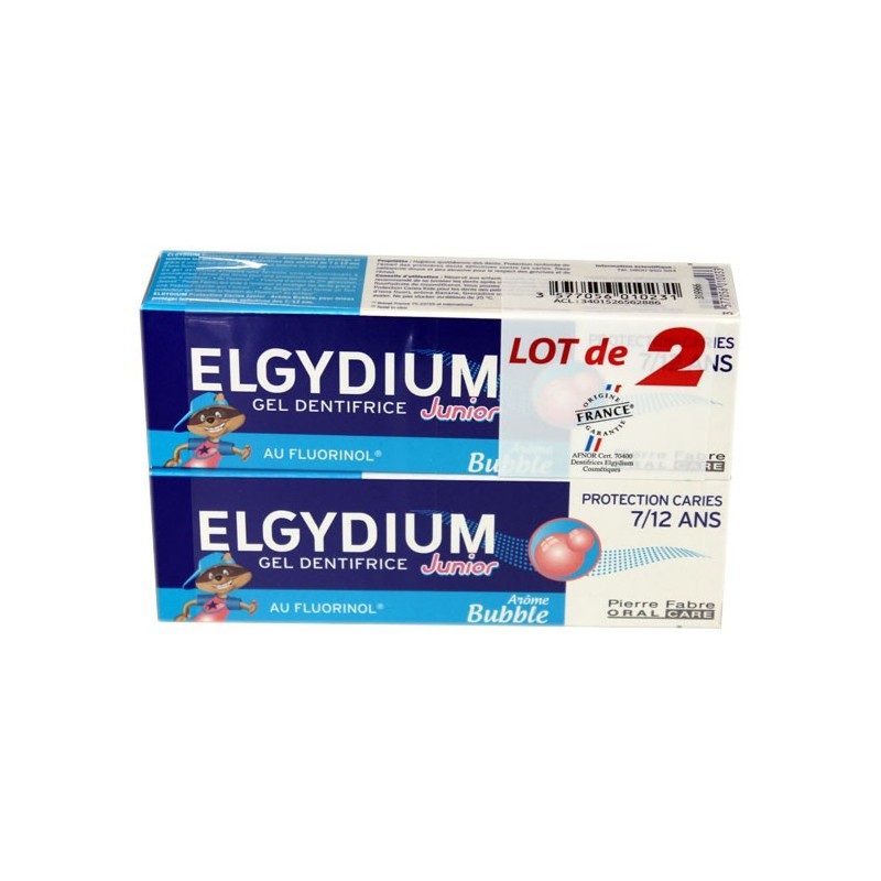 GEL DENTIFRICE BUBBLE PROTECTION CARIES JUNIOR LOT DE 2 X 50ML ELGYDIUM