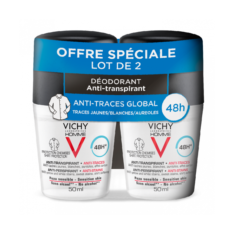 DEODORANT BILLE ANTI TRANSPIRANT ANTI TRACES GLOBAL 48H LOT DE 2X50ML VICHY HOMME DEODORANT BILLE ANTI TRANSPIRANT ANTI TRACES GLOBAL 48H LOT DE 2X50ML VICHY HOMME