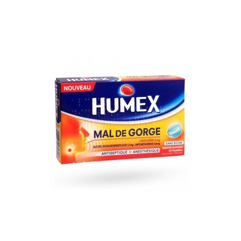 HUMEX MAL DE GORGE SANS SUCRE LIDOCAINE MENTHE GLACIALE 24 PASTILLES URGO