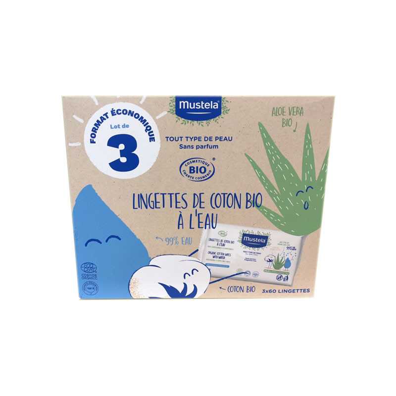 LINGETTES DE COTON BIO A L'EAU 3 X 60 LINGETTES MUSTELA LINGETTES DE COTON BIO A L'EAU 3 X 60 LINGETTES MUSTELA