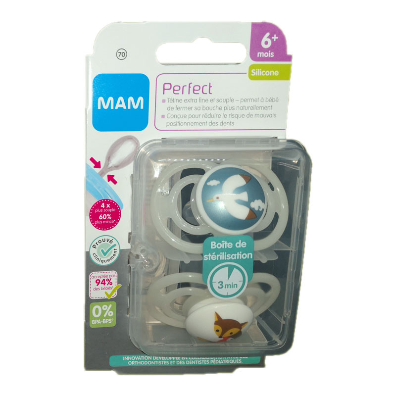 PERFECT SUCETTES BLANCHES 6MOIS+ LOT DE 2 SILICONE MAM