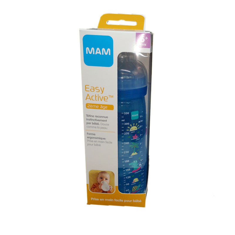 MAM Biberon Easy Active 6 mois + 330 ml Bleu - Tétine Débit X MAM