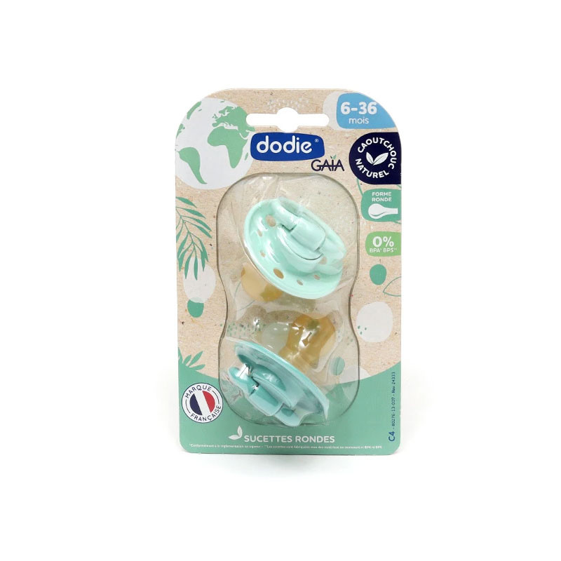 Lot de deux sucettes rondes Gaia pour bébé de 6 à 36 mois avec téterelle en  caoutchouc naturel Vert / Vert pastel