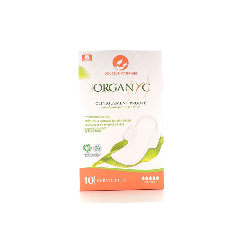 ORGANYC COTON BIO SERVIETTES EXTRA MATERNITÉ DOUCEUR X 10