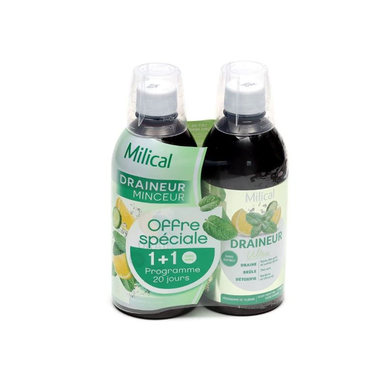 DRAINEUR MINCEUR ULTRA MENTHE CITRON CONCOMBRE LOT DE 2 X 500ML MILICAL