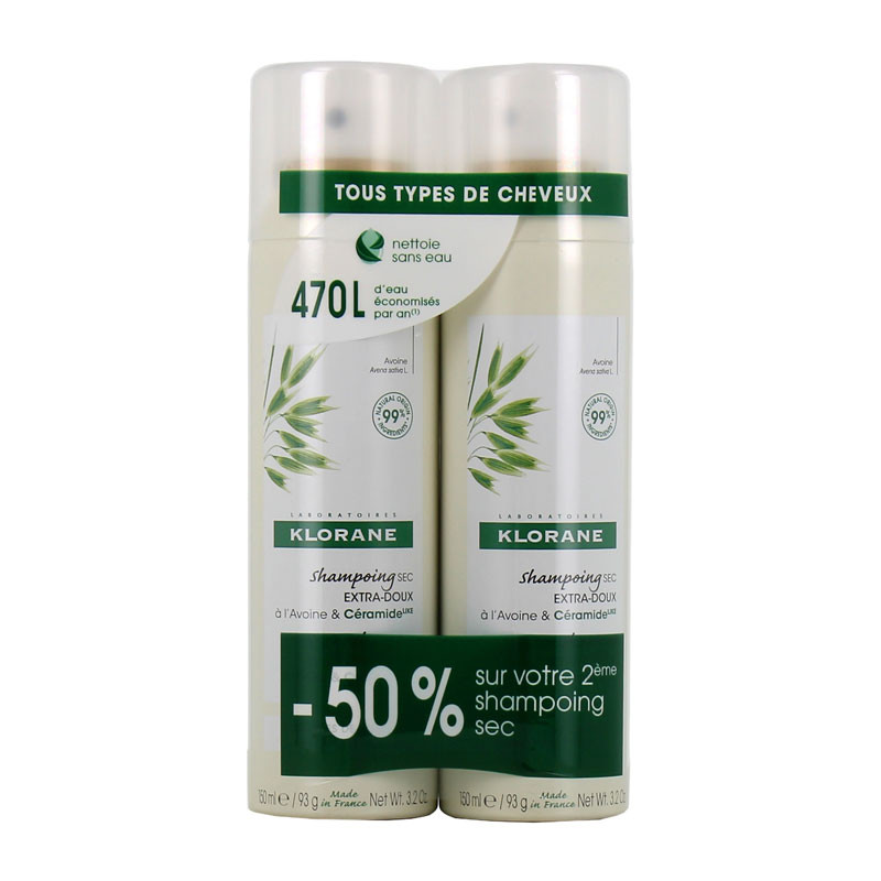 SHAMPOOING SEC AVOINE EXTRA-DOUX TOUS TYPES DE CHEVEUX LOT 2X150ML KLORANE