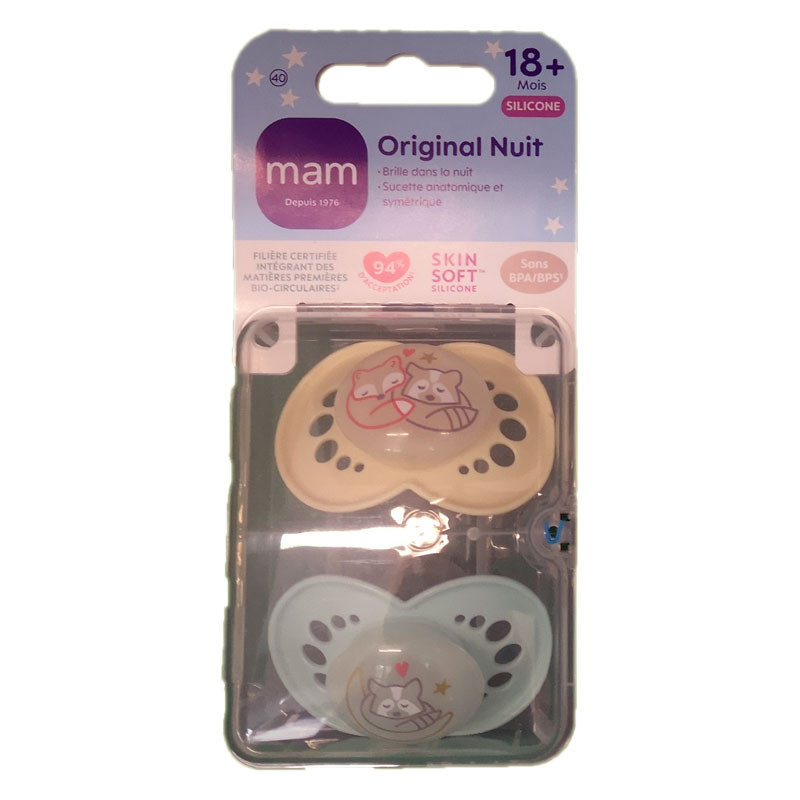 ORIGINAL NUIT SUCETTES SILICONE 18MOIS+ LOT DE 2 NATURE MAM