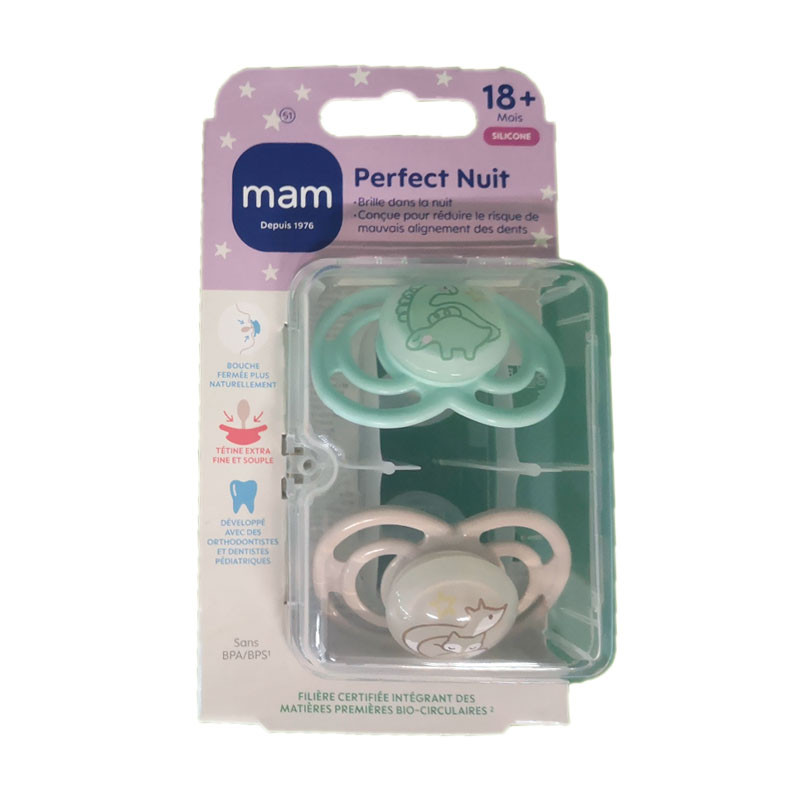 PERFECT SUCETTES NUIT SILICONE 18MOIS+ LOT DE 2 NATURE VERT MAM