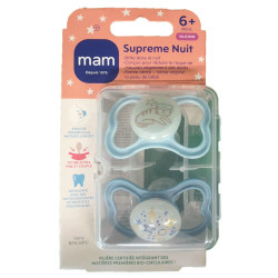 SUPREME SUCETTES NUIT SILICONE 6MOIS+ LOT DE 2 NATURE BLEU MAM