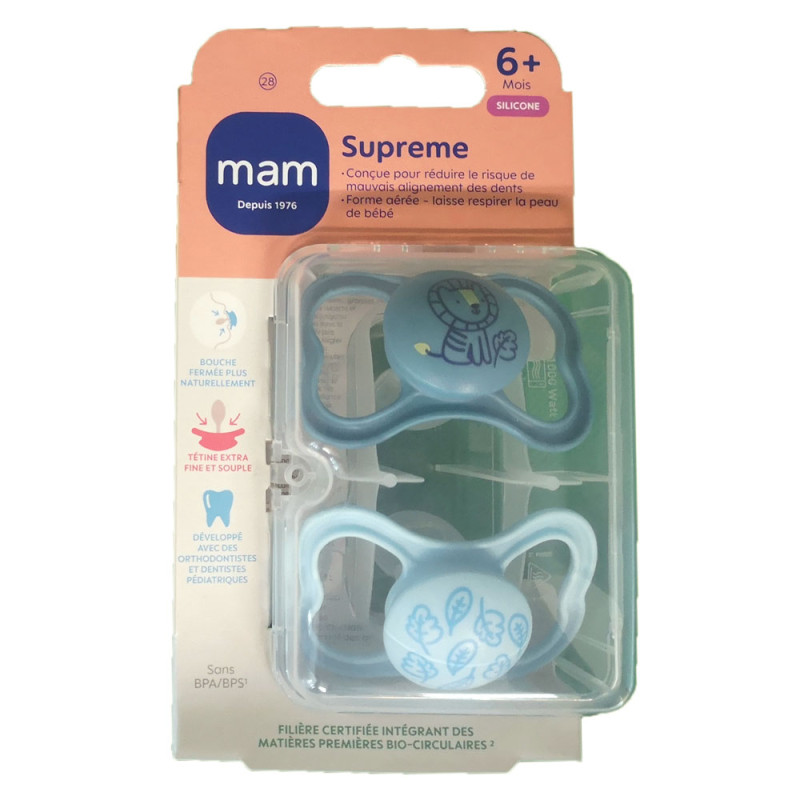 SUPREME SUCETTES SILICONE 6MOIS+ LOT DE 2 NATURE BLEU MAM