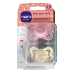 SUPREME SUCETTES NUIT SILICONE 2-6MOIS+ LOT DE 2 NATURE ROSE MAM