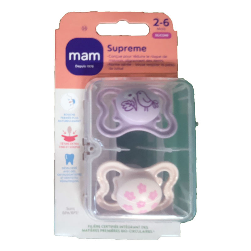 SUPREME SUCETTES SILICONE 2-6MOIS+ LOT DE 2 NATURE MAUVE MAM SUPREME SUCETTES SILICONE 2-6MOIS+ LOT DE 2 NATURE MAUVE MAM