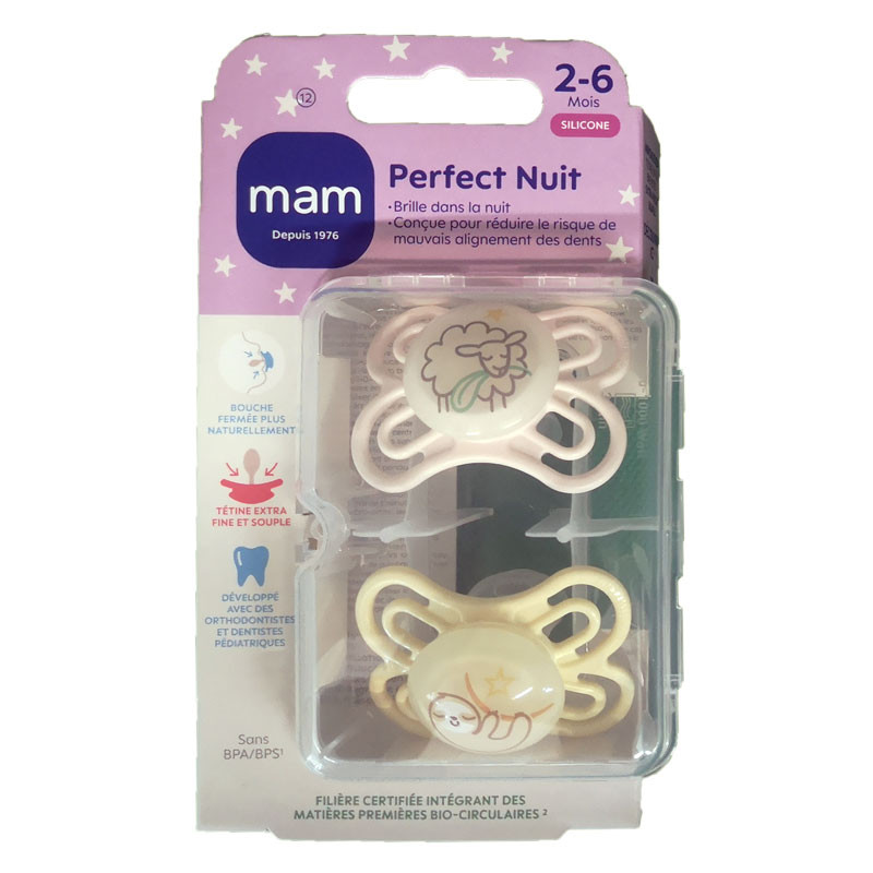 PERFECT SUCETTES NUIT SILICONE 2-6MOIS LOT DE 2 NATURE CREME MAM