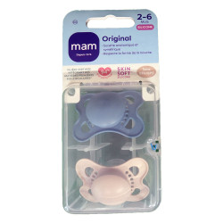 ORIGINAL SUCETTES SILICONE 2-6MOIS+ LOT DE 2 UNI BLEU MAM