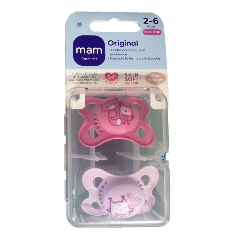 ORIGINAL SUCETTES SILICONE 2-6MOIS+ LOT DE 2 NATURE ROSE MAM