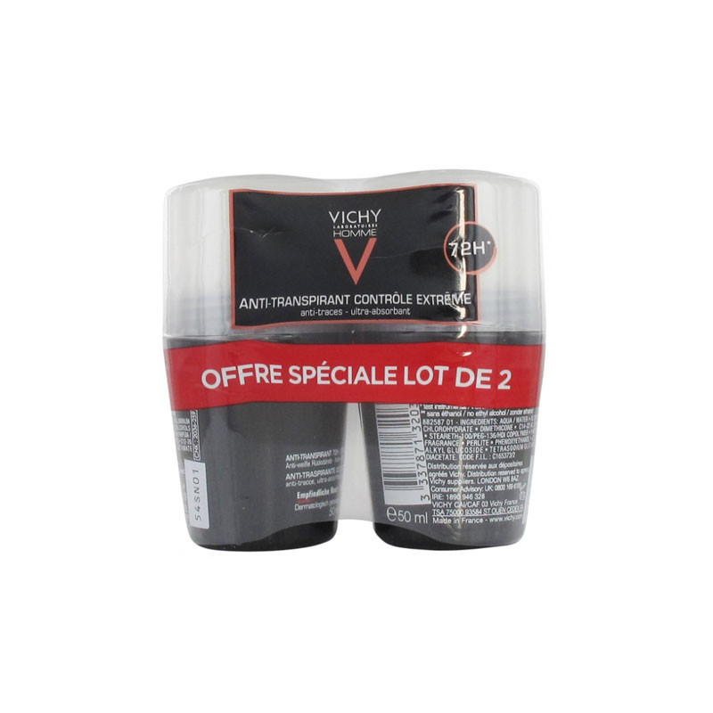 DEODORANT HOMME ANTI TRANSPIRANT CONTROLE EXTREME 72H ROLL ON LOT DE 2X50ML VICHY