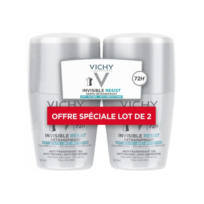 DEODORANT INVISIBLE RESIST ANTI TACHES ANTI IRRITATIONS 72H ROLL ON LOT DE 2X50ML VICHY DEODORANT INVISIBLE RESIST ANTI TACHES ANTI IRRITATIONS 72H ROLL ON LOT DE 2X50ML VICHY