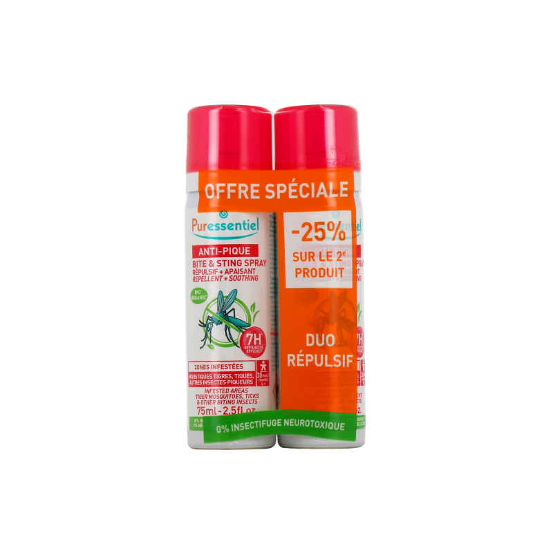 SPRAY ANTI PIQUE REPULSIF APAISANT 7H BIO LOT DE 2 X 75ML PURESSENTIEL SPRAY ANTI PIQUE REPULSIF APAISANT 7H BIO LOT DE 2 X 75ML PURESSENTIEL