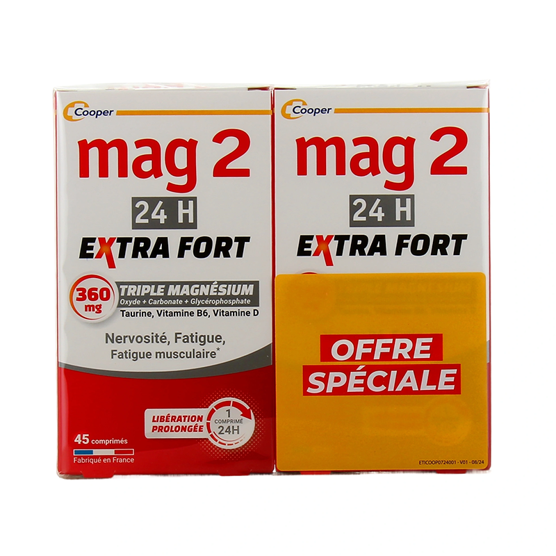 MAG 2 EXTRA FORT 360MG 24H NERVOSITÉ FATIGUE LOT DE 2 X 45 COMPRIMES COOPER MAG 2 EXTRA FORT 360MG 24H NERVOSITÉ FATIGUE LOT DE 2 X 45 COMPRIMES COOPER