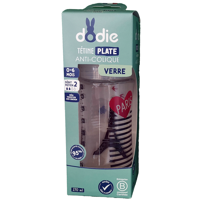BIBERON VERRE TETINE PLATE COL LARGE DEBIT 270ML PARIS DODIE