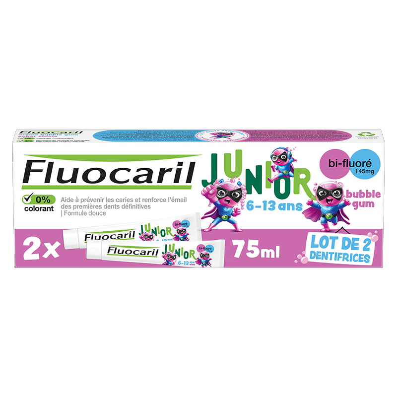 GEL BUBBLE JUNIOR 6-12ANS LOT DE 2 X 75ML FLUOCARIL