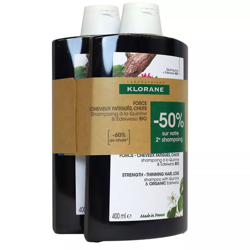 SHAMPOOING QUININE ET EDELWEISS BIO LOT DE 2X400ML KLORANE