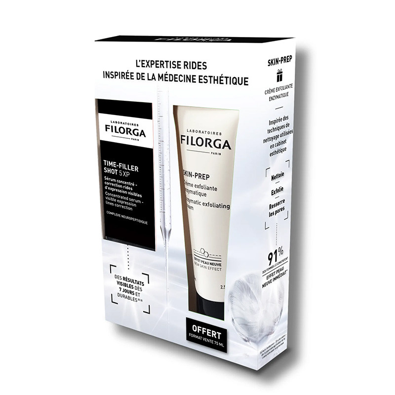 COFFRET TIME FILLER SHOT 5XP SERUM CONCENTRÉ 15ML + SKIN-PREP CREME EXFOLIANTE 75ML OFFERTE FILORGA