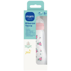 BIBERON VERRE 2 MOIS+ 260ML DÉBIT MOYEN COLORIS ROSE MAM