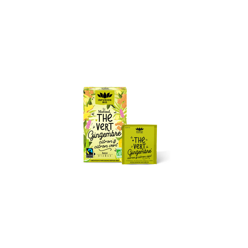 THÉ VERT GINGEMBRE CITRON LE MATINAL BIO 16 SACHETS ROMON NATURE
